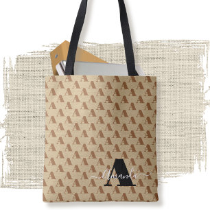 Tote Bag Élégant Moderne Marron Blanc Noir Monogramme Scrip