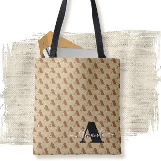 Tote Bag Élégant Moderne Marron Blanc Noir Monogramme Scrip