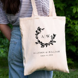 Tote Bag Élégant Monogram Crest Photo Mariage botanique<br><div class="desc">Elégant Monogram Crest Photo sac fourre-tout Mariage botanique présente une typographie magnifiquement classique associée à un croissant botanique dessiné à la main.</div>