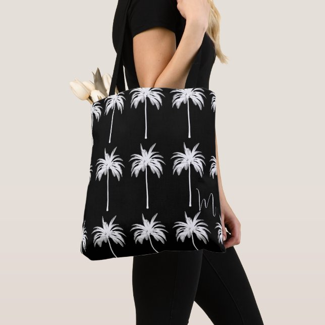 Tote Bag Élégant Monogramme Blanc Palmier Tropical (De près)