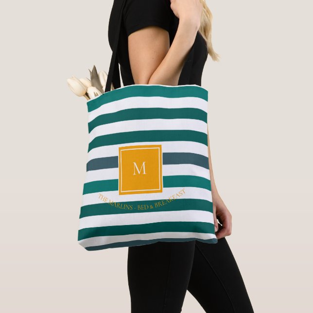 Tote Bag Élégant Monogramme blanc rayé Turquoise (De près)