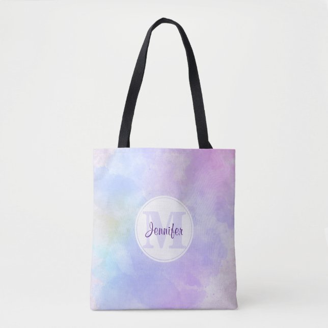 Tote Bag Élégant Monogramme d'aquarelle bleu violet (Devant)