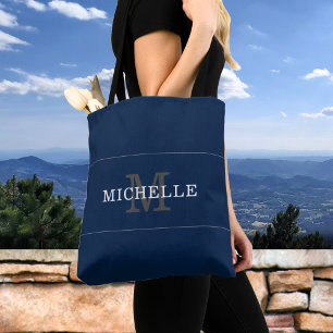 Tote Bag Élégant Monogramme d'argent bleu Nom personnalisé