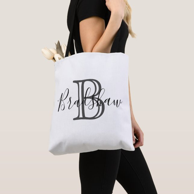 Tote Bag Élégant Monogramme d'argent noir Nom personnalisé (De près)