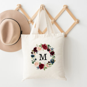 Tote Bag Élégant Monogramme de couronne florale et bordeaux