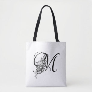 Tote Bag Élégant Monogramme floral gravé Vintage