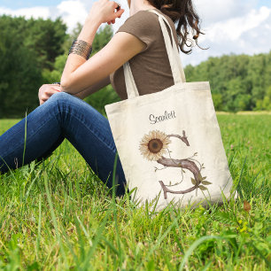Tote Bag Élégant Monogramme Floral Lettre S Tournesol Perso