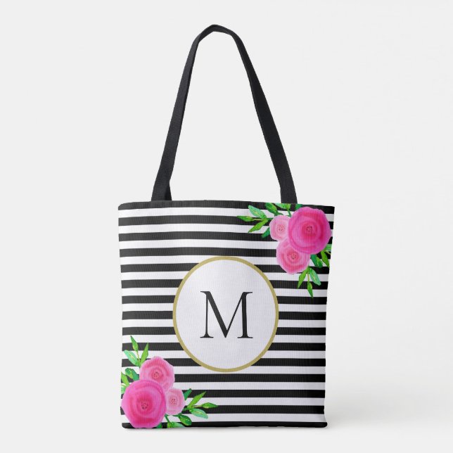 Tote Bag Élégant Monogramme floral rose rayé noir (Dos)