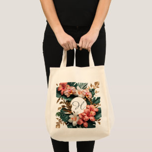 Tote Bag Élégant Monogramme Floral Tropical pour les Course