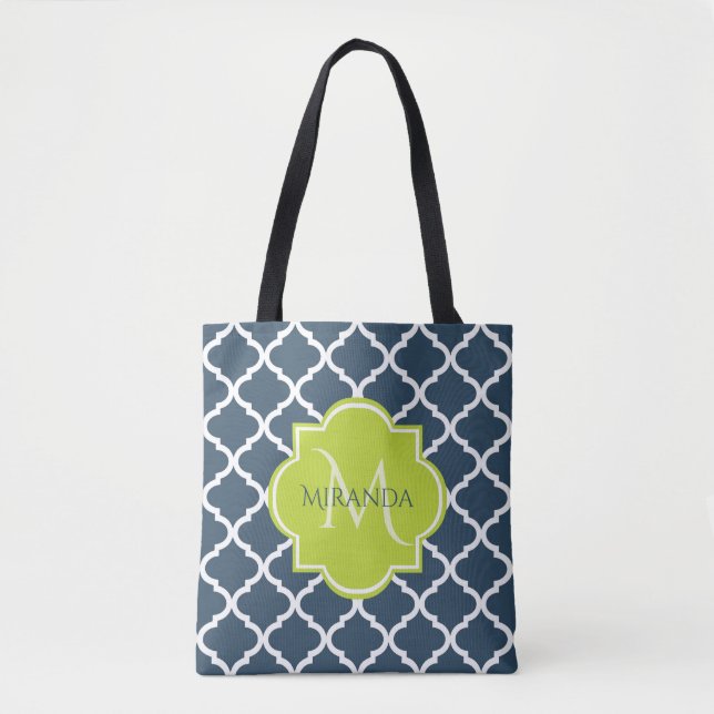 Tote Bag Élégant monogramme Marine Quatrefoil vert et nom (Devant)