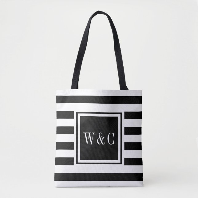 Tote Bag Élégant Monogramme noir blanc bande (Devant)