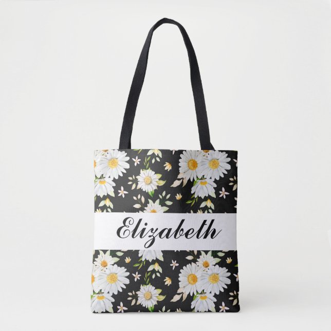Tote Bag Élégant Monogramme noir et blanc Motif de margueri (Devant)