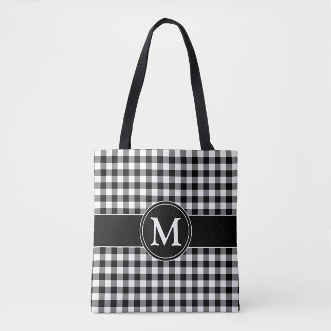Tote Bag Élégant Monogramme Noir Et Blanc Plaid (Devant)