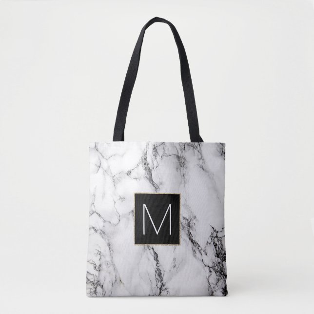 Tote Bag élégant monogramme noir sur pierre de marbre blanc (Devant)