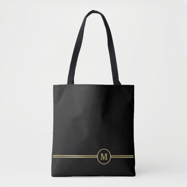 Tote Bag Élégant Monogramme or sur noir (Devant)