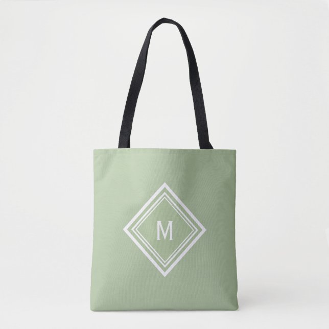 Tote Bag Élégant Monogramme Personnalisé Vert Sage (Devant)