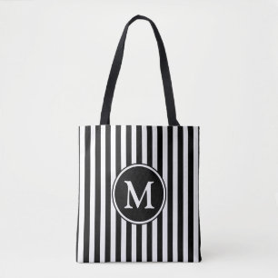 Tote Bag Élégant Monogramme rayé noir blanc