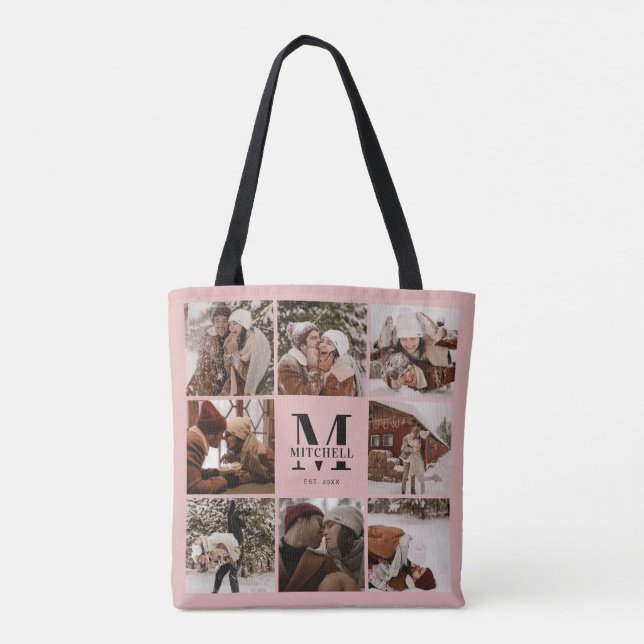 Tote Bag Élégant Monogramme rose & Collage photo Personnali (Dos)