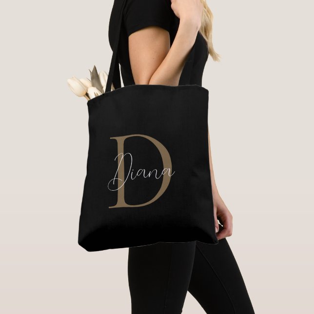 Tote Bag Élégant Monogramme Script Or Moussu Noir Minuit (De près)