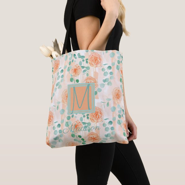 Tote Bag Élégant Monogramme Tendance Pêche Végétation Eucal (De près)