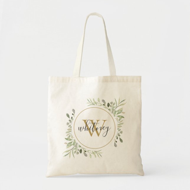 Tote Bag Élégant Monogramme vert Script (Devant)