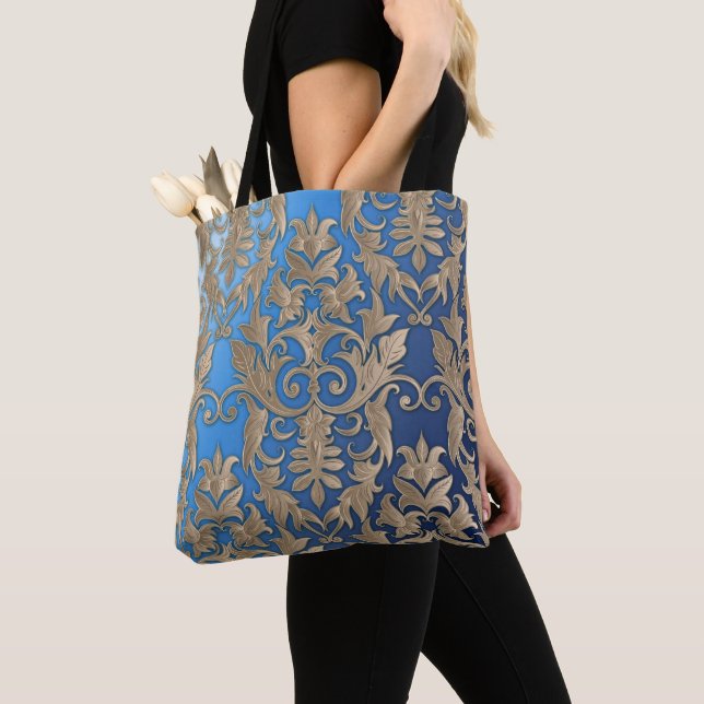 Tote Bag Elégant Motif Brocade Gold Damask sur Blue (De près)