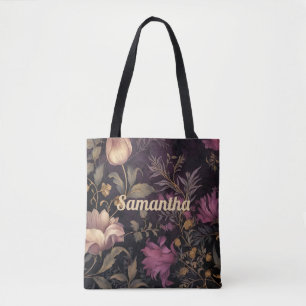 Tote Bag élégant motif de fleurs foncées avec nom