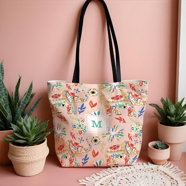 Tote Bag Élégant Motif décoratif floral orné d'éléphant (Elegant Floral Decorative Ornate Elephant Pattern Tote Bag)