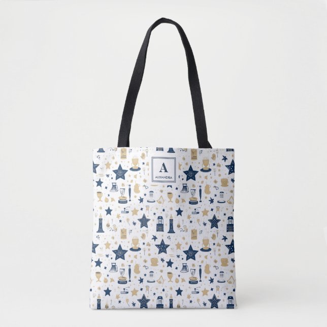 Tote Bag Elégant Motif d'étoiles bleu et or personnalisé(12 (Devant)