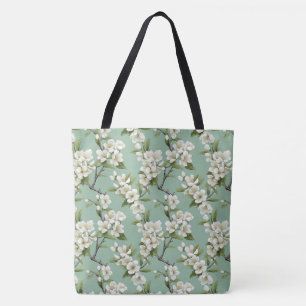 Tote Bag Élégant Motif en fleurs blanches sur Sage Green Fo