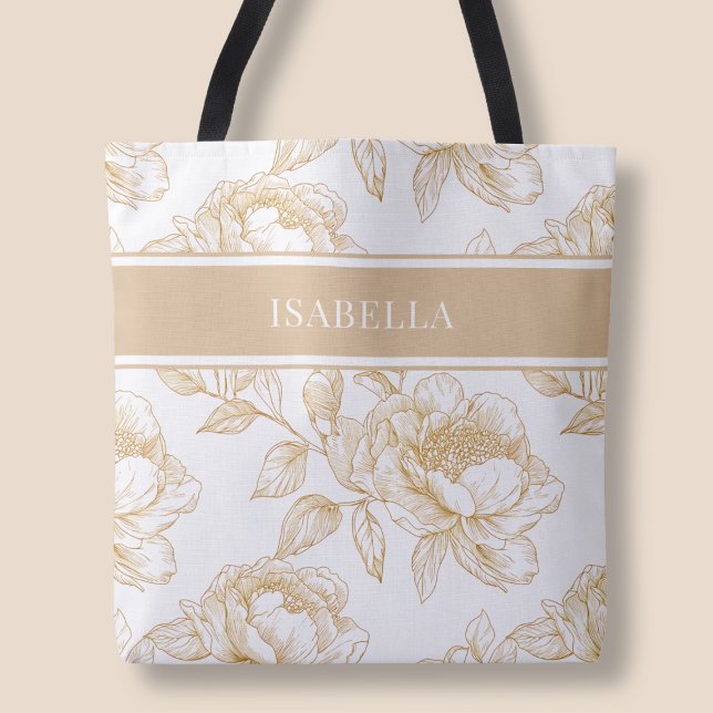 Tote Bag Élégant motif floral beige Chic Fleur botanique (Elegant Beige Floral Pattern Chic Botanical Flower Tote Bag)