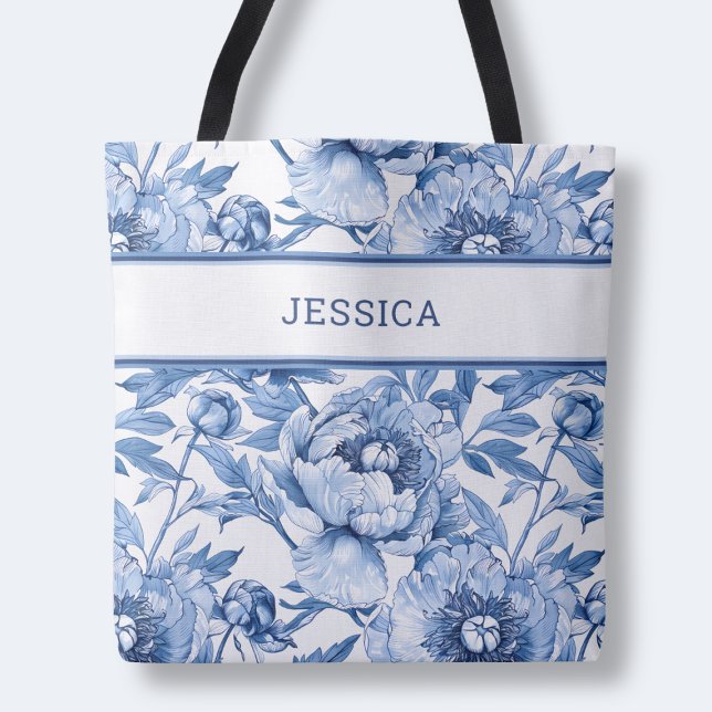 Tote Bag Élégant motif floral bleu mou Fleurs botaniques mi (Elegant Blue Floral Pattern Cute Botanical Flowers Tote Bag)