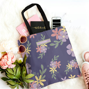 Tote Bag Élégant motif floral bohème mauve violet