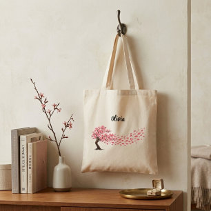Tote Bag élégant motif floral de cerisier avec nom personna
