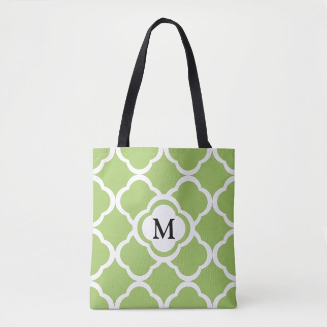 Tote Bag Élégant Motif Monogram Green Quatrefoil (Devant)
