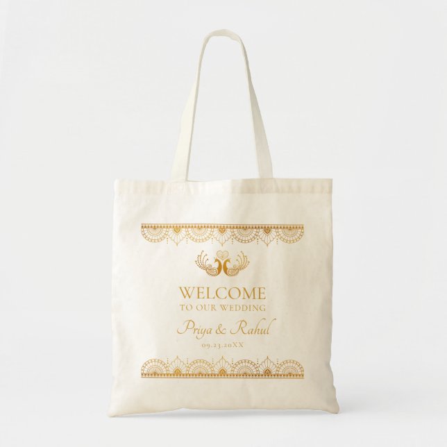 Tote Bag Elégant Motif or Mariage indien Bienvenue (Devant)