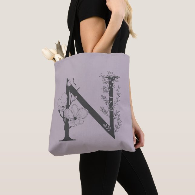 Tote Bag Élégant N Boho Floral Monogramme initial Lilac Gre (De près)