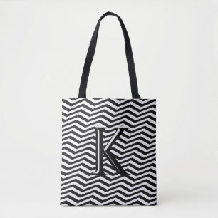 Tote Bag Élégant noir blanc Chevron Stripe Monogramme perso