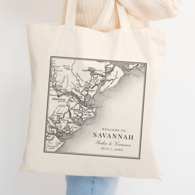 Tote Bag Élégant noir blanc Savannah Géorgie Mariage de car (Elegant Savannah Georgia Custom Wedding Tote Bag with personalized black and white map)