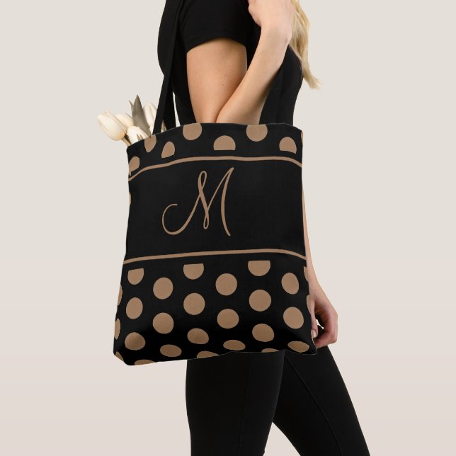 Tote Bag Élégant noir Brown Pois rayures Monogramme Thi (De près)