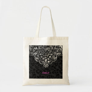 Tote Bag Elégant noir Damas Argent métal Vintage dentelle