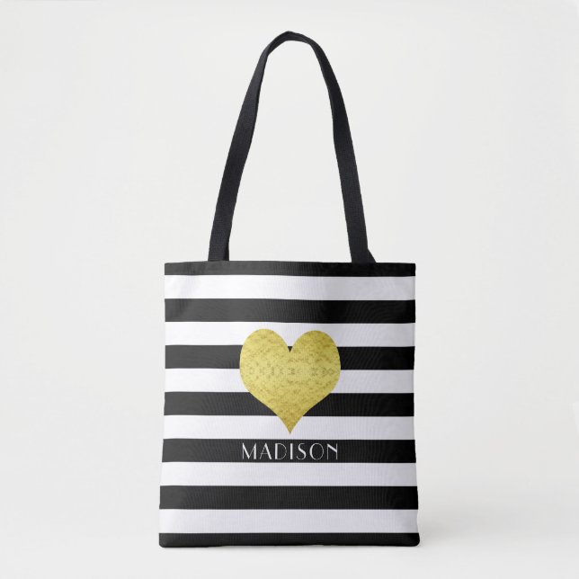 Tote Bag Élégant noir et blanc rayures Motif Nom (Devant)