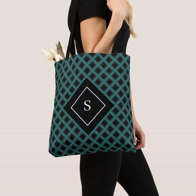 Tote Bag Elégant noir et vert géométrique avec monogramme (De près)