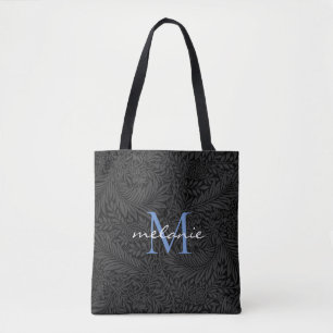 Tote Bag Élégant noir floral bleu Script Monogramme