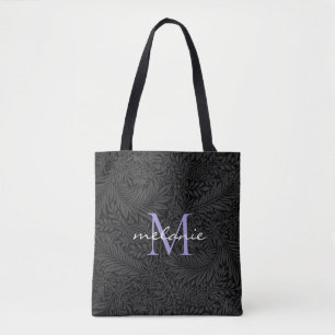 Tote Bag Élégant noir floral Lavande Script Monogramme