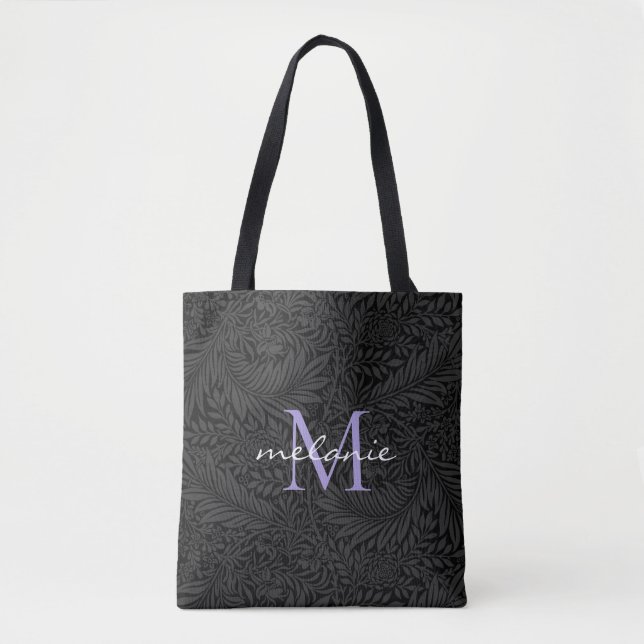 Tote Bag Élégant noir floral Lavande Script Monogramme (Devant)