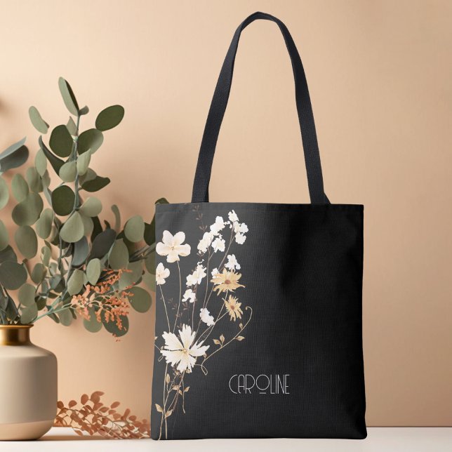 Tote Bag Élégant noir floral noir Boho mignonne (Créateur téléchargé)
