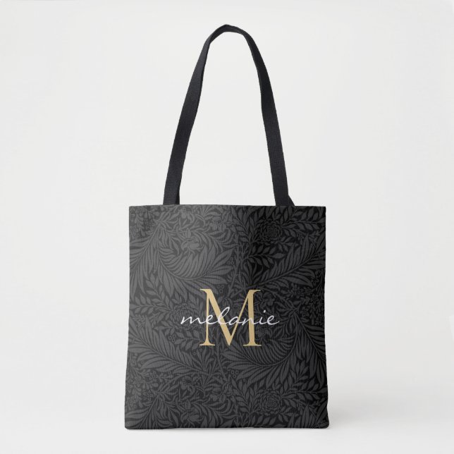 Tote Bag Élégant noir floral or Script Monogramme (Devant)