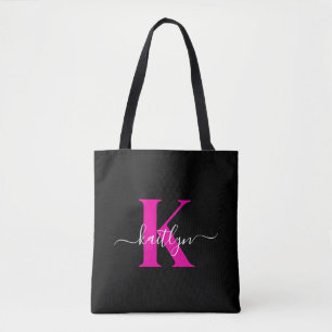 Tote Bag Élégant Noir Hot Rose Script Monogramme