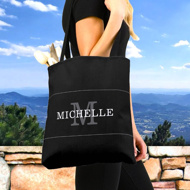 Tote Bag Élégant Noir Monogramme Nom Personnalisé (Créateur téléchargé)